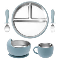 5PCS Stainless Steel Dishes Plate Baby Feeding Set With Detachable Silicone Sucker Bowl BPA Free Infant Fork Spoon Cup Gifts Purest Peak