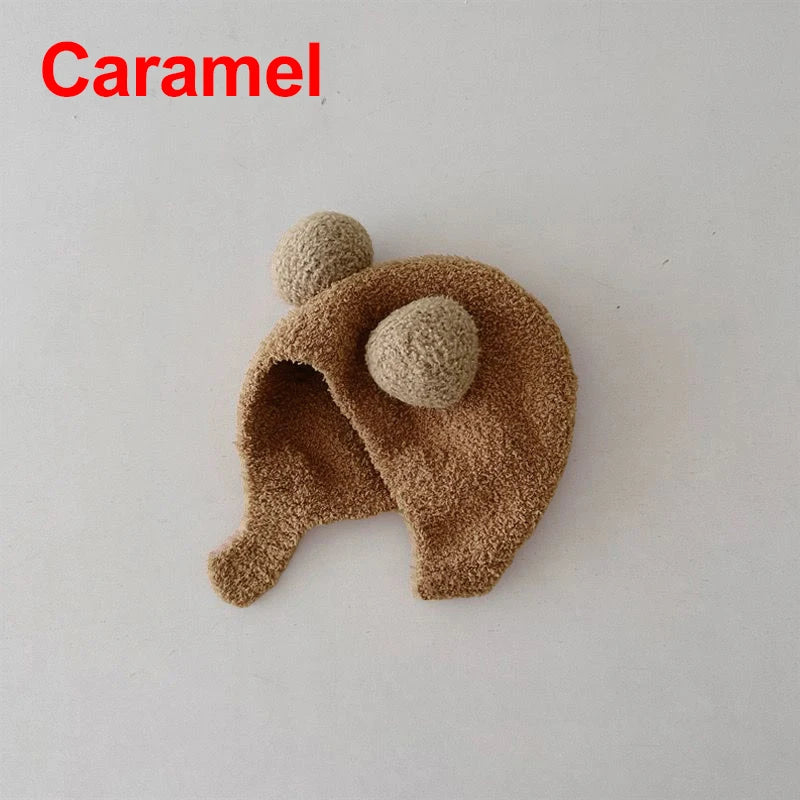 Cute Winter Warm Kids Girl Boys Baby Hats Fleece Wool Hemming Caps with Ball Solid Wool Ear Protection Hats Soft Newborn Bonnet Purest Peak