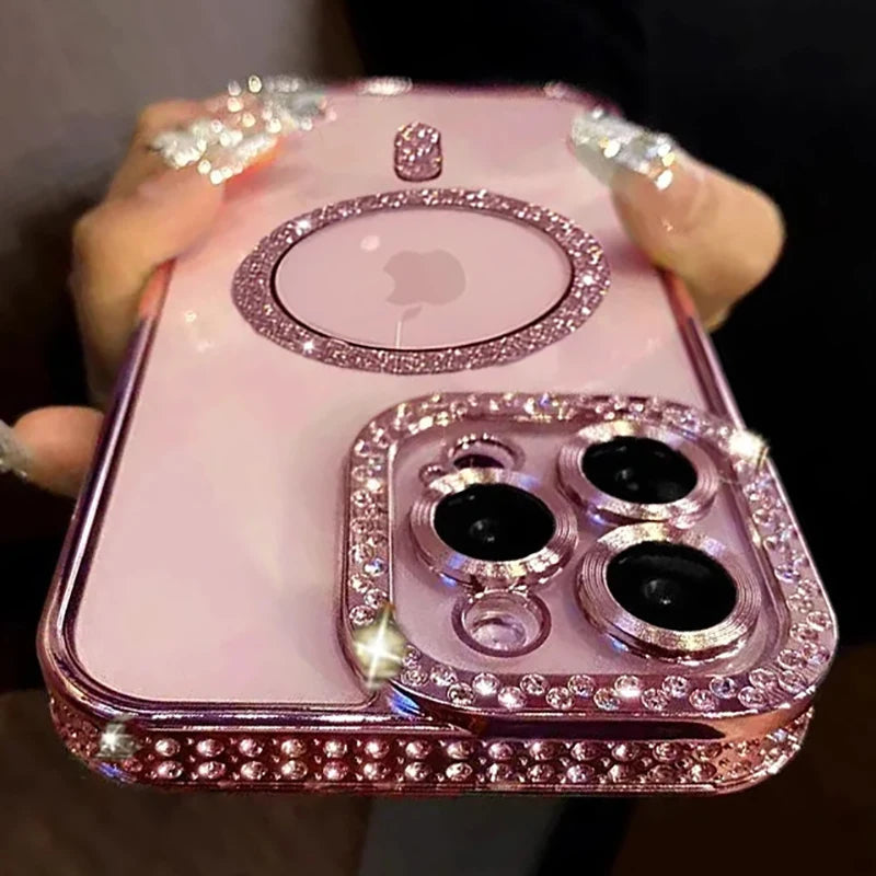 New Fashion Glitter Diamond Transparent Case For iPhone 16 15 14 13 17 12 Pro Max 16 Plus Magnetic Wireless Charge Bumper Cover Econic Blanks