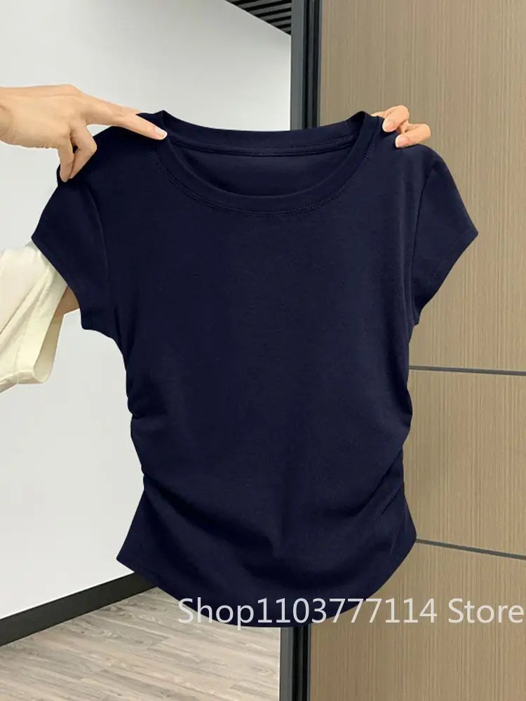 Women Summer Short Sleeved Top for Fashion Versatile Base Shirt Slim Fit Round Neck T-shirt Casual and Sexy Breathable and Cool Quick Pick Grocers