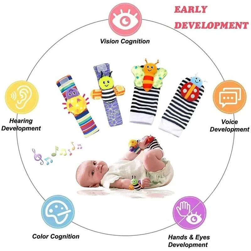4Pcs Baby Toy 0-12 Months Baby Rattles Toys Animal Socks Wrist Strap + Rattle Baby Foot Socks Bug Wrist Strap Baby Socks New Econic Blanks