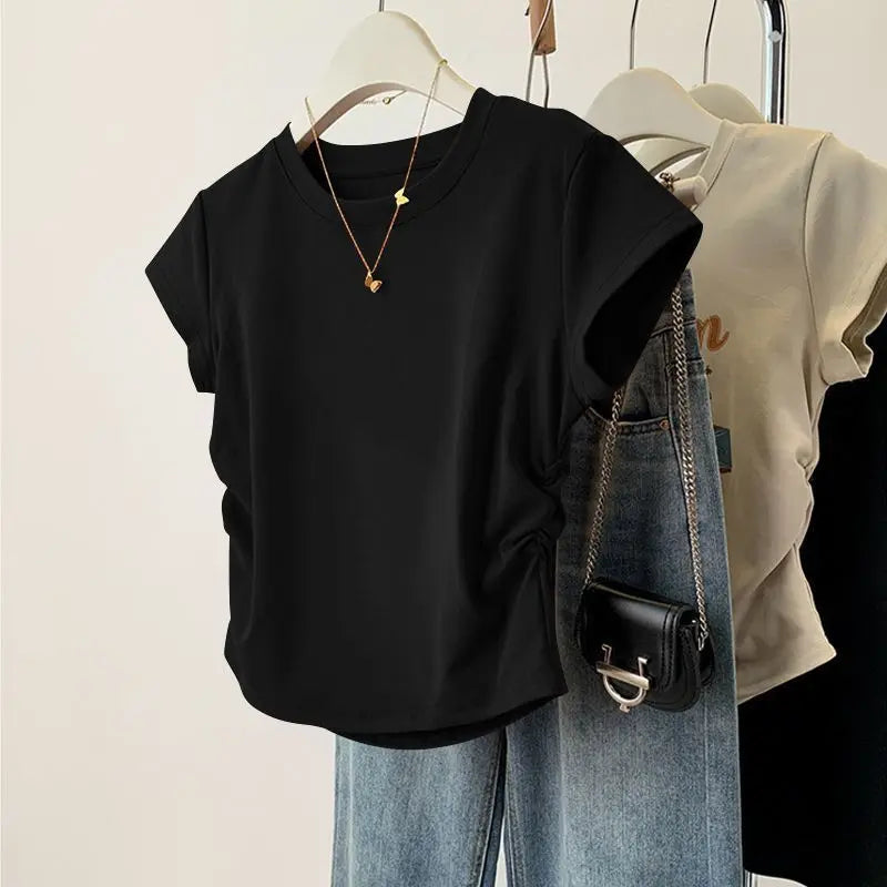 Women Summer Short Sleeved Top for Fashion Versatile Base Shirt Slim Fit Round Neck T-shirt Casual and Sexy Breathable and Cool Quick Pick Grocers
