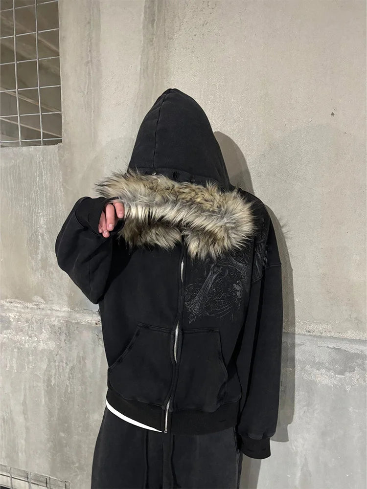 Autumn/Winter Y2k Women Aesthetic Harajuku Faux Fur Collar Hoodies Clothes Graphic Hip Hop Punk Gothic Zip Up Hoodies 2026 new Quick Pick Grocers