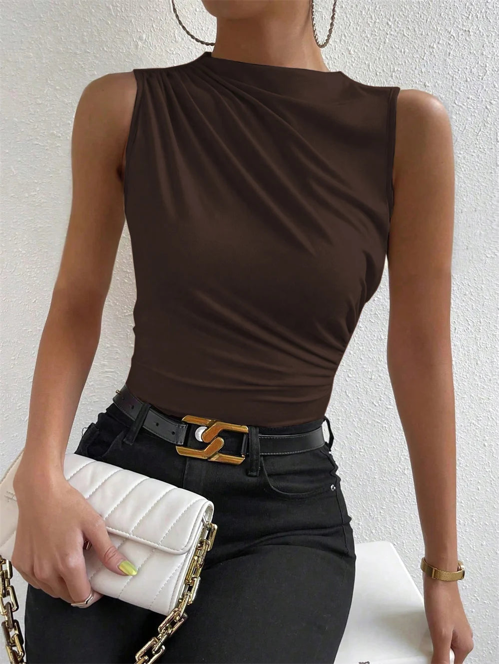 Women's Casual Mock Neck Ruched Tank Top Summer 2024 Solid Color Slim Fit Pleated Sleeveless T Shirt Tee Tshirt Streetwear Quick Pick Grocers