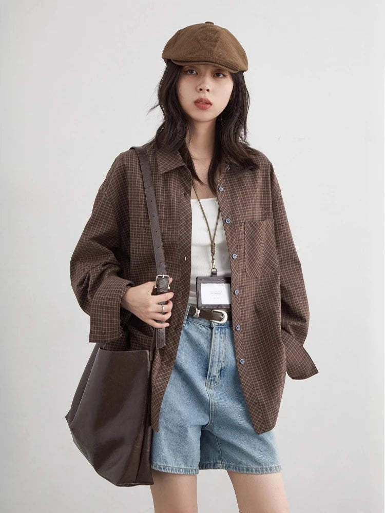 CHIC VEN Women Shirt Loose Casual Single-breasted New Retro Contrast Plaid Embroidered Blouses Female Top Autumn Winter 2025 Quick Pick Grocers