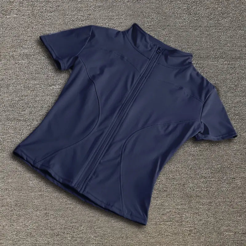 Summer High Quality Waist Slimming Training Tops Women's Quick-drying Tight Stand Collar Full Zipper Short Sleeves Yoga shirts Quick Pick Grocers