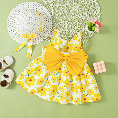 (0-2 Year Old Baby Girl Floral Dress) Summer New Sweet Bow Children'S Sleeveless Clothes With Free Hat For Beach Party Quick Pick Grocers