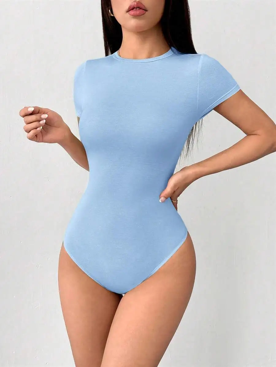 Petite Solid Slim Fit Short Sleeve Bodycon Bodysuit for Women Quick Pick Grocers