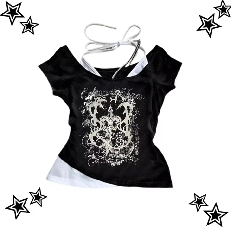 Women's 90s Vintage Punk T-Shirt Summer Streetwear Sexy Short Sleeve Gothic Slim Crop Top Hotgirl Casual Femme Tee Harajuku Y2k Quick Pick Grocers