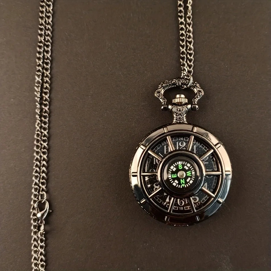 Vintage Black Compass Design Quartz Pocket Watch, With Necklace Pendant, World-Time Feature, Pointer Display Pocket Watch Quick Pick Grocers