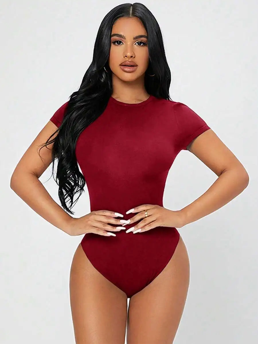 Petite Solid Slim Fit Short Sleeve Bodycon Bodysuit for Women Quick Pick Grocers