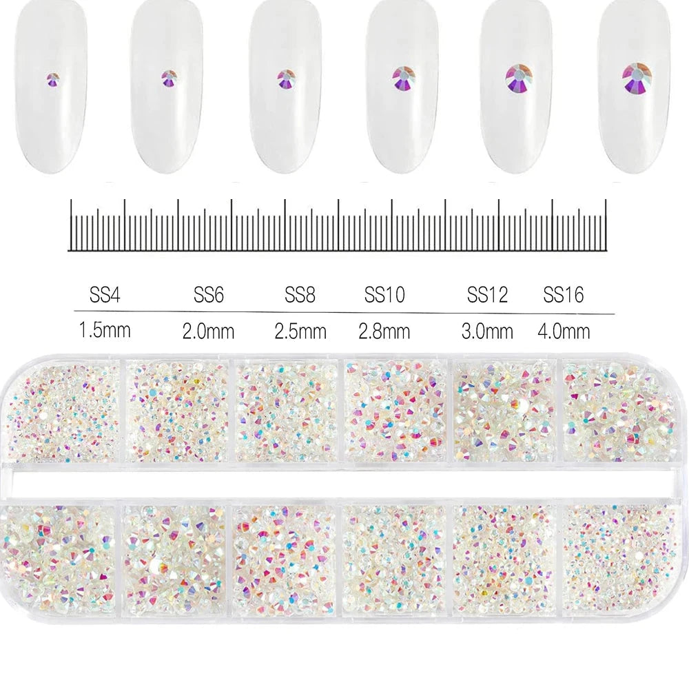 12Grids SS6-SS30 Mixed Nail Rhinestones Shiny Clear/Gold/Pink/Blue Diamond Flat-back Nail Gems Glass Stones Nails Decoration Econic Blanks