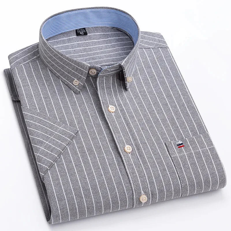 Men's high-quality Oxford cotton short sleeved shirt for summer comfort breathable classic solid color plaid business leisure Quick Pick Grocers