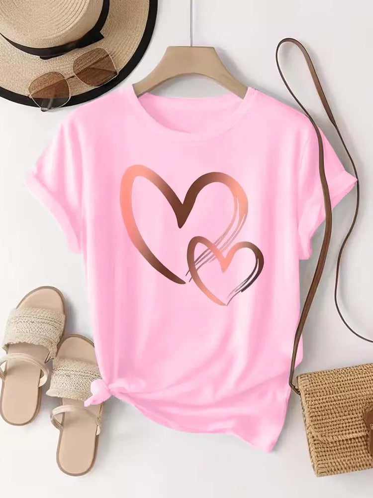 Summer New Fashion Women's Heart Printed T-shirt Trendy Casual Round Neck Top Short Sleeves Women T-shirt Women Clothing Quick Pick Grocers