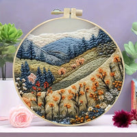 Beginners Hand Embroidery Kit - Mountain and Moon Landscape, Mixed Colors, Fabric Included - Perfect Handmade Gift Econic Blanks