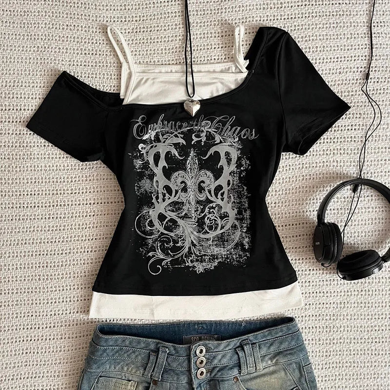 Women's 90s Vintage Punk T-Shirt Summer Streetwear Sexy Short Sleeve Gothic Slim Crop Top Hotgirl Casual Femme Tee Harajuku Y2k Quick Pick Grocers