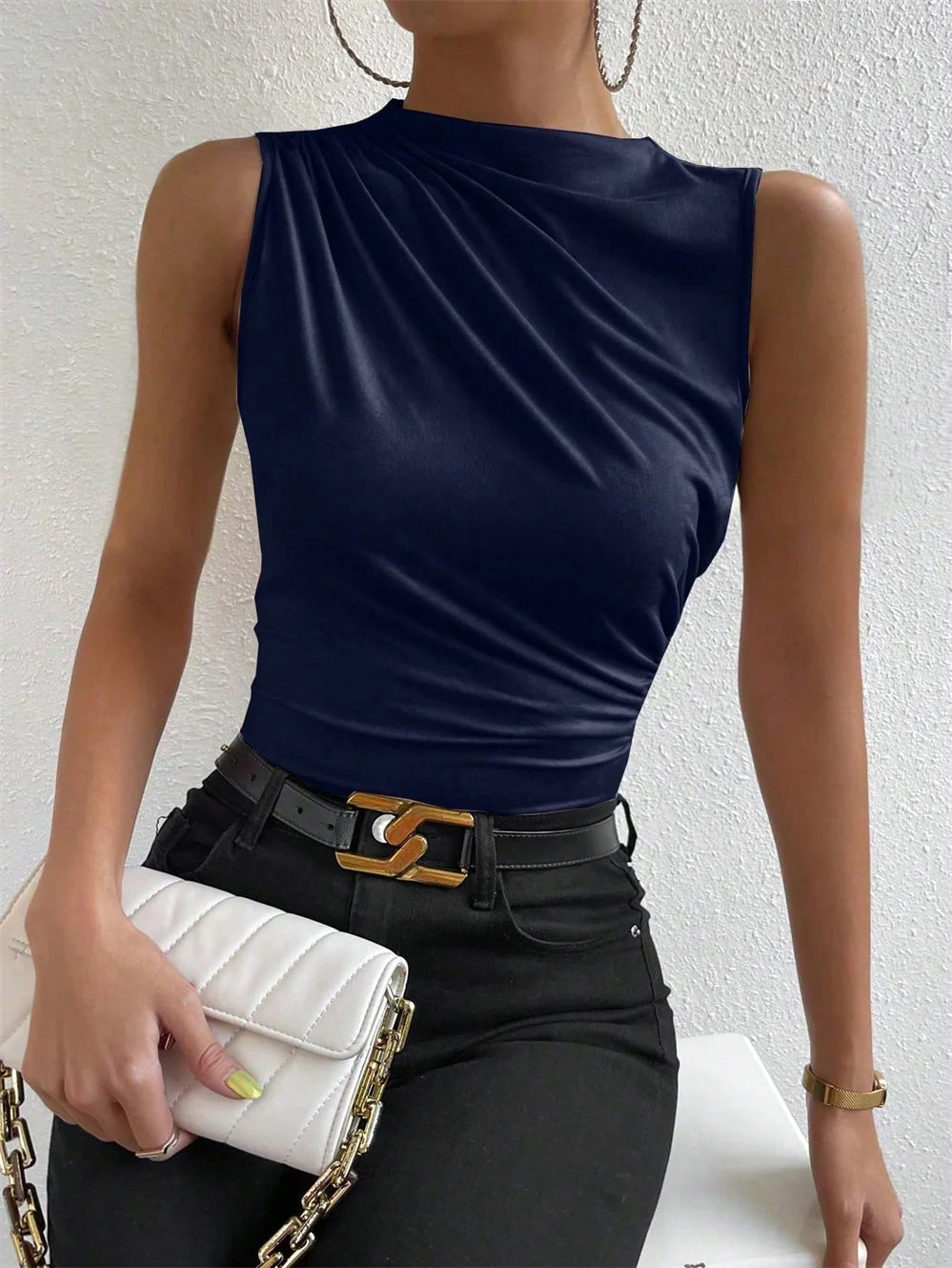 Women's Casual Mock Neck Ruched Tank Top Summer 2024 Solid Color Slim Fit Pleated Sleeveless T Shirt Tee Tshirt Streetwear Quick Pick Grocers