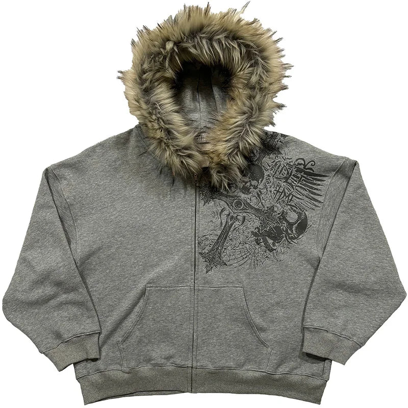 Autumn/Winter Y2k Women Aesthetic Harajuku Faux Fur Collar Hoodies Clothes Graphic Hip Hop Punk Gothic Zip Up Hoodies 2026 new Quick Pick Grocers