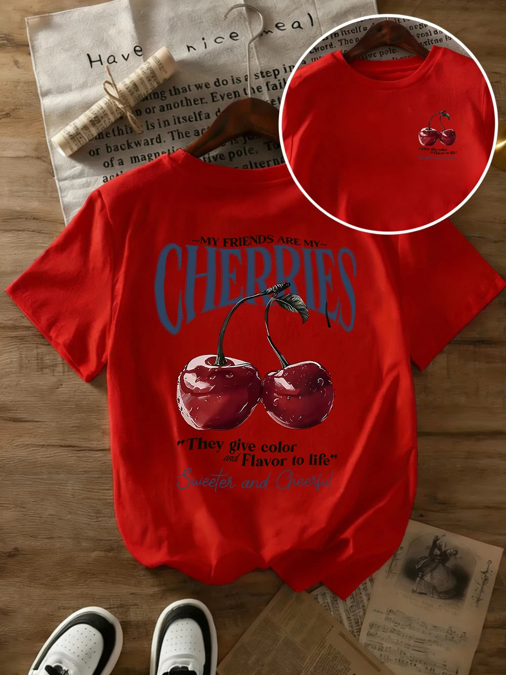 Summer Sweeter Cherries Prints T-Shirts Womens Cotton Oversized T Shirts Basic O-Neck Short Sleeve Tops Casual Woman Clothes Quick Pick Grocers