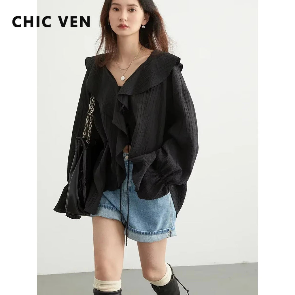 CHIC VEN Women Shirt Loose Casual Ruffled Edges Female Blouses Solid V Neck Lace Up Mid Length Ladies Shirts Spring Summer 2026 Quick Pick Grocers