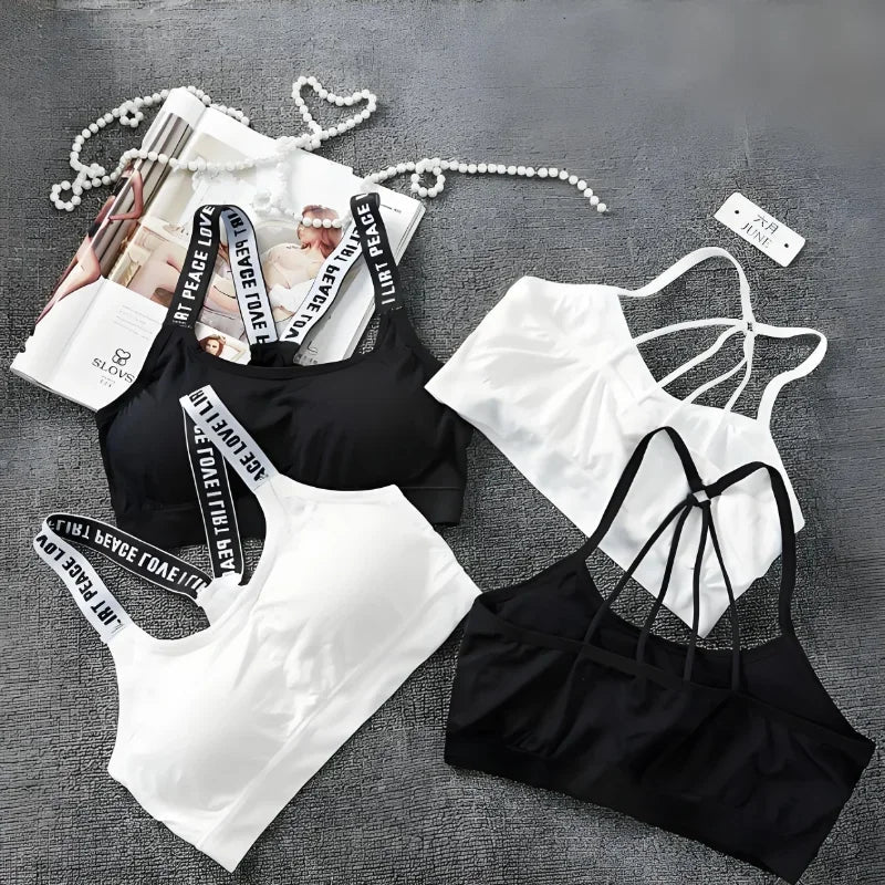 Sports Underwear Women Yoga Fitness Seamless Crop Top Wide Letter Straps Comfortable Workout Activewear Back Without Underwire I Quick Pick Grocers