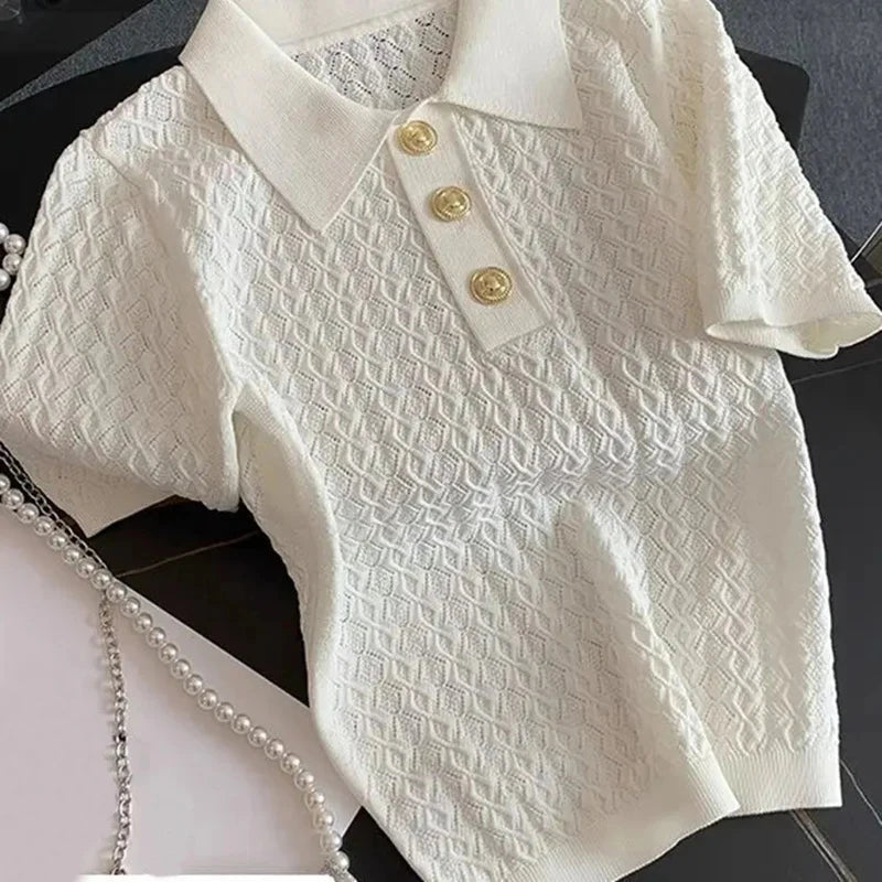 Ice Silk Polo Shirt Knitted Short Sleeve T-Shirt Summer Chic Thin Unique Jacquard Women Tops 2026 Korean Style Women’s Clothing Quick Pick Grocers