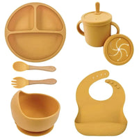 Food Grade Silicone Child Dish Set Baby Feeding Bowl Suction Plate Straw Cup Wooden Spoon Fork for Kids Tableware Toddler Dishes Purest Peak