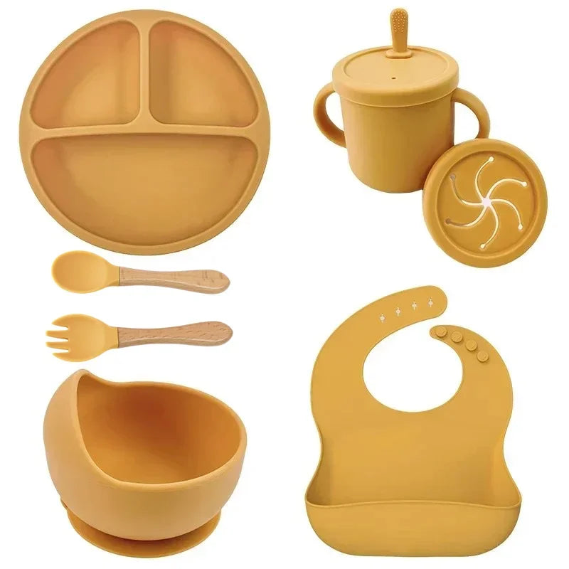 Food Grade Silicone Child Dish Set Baby Feeding Bowl Suction Plate Straw Cup Wooden Spoon Fork for Kids Tableware Toddler Dishes Purest Peak