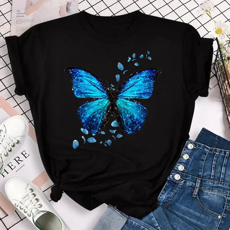 New Fashion Women T-shirt Colorful Butterfly Petal Print Short Sleeve and Round Neck Cute Graphic Tee Shirts Female Tops Clothin Quick Pick Grocers