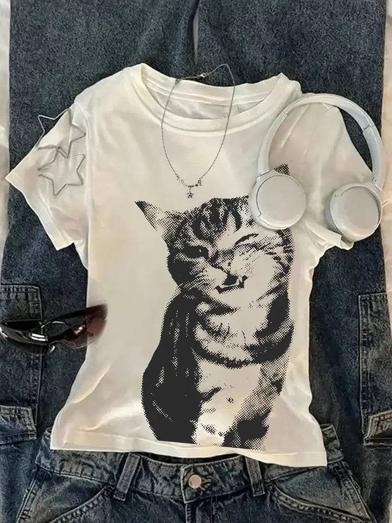 Summer Harajuku Letter Graphic T Shirts Y2k Tops Cat Print Women High Street Oversized T Shirt Streetwear Vintage Tee Clothing Quick Pick Grocers