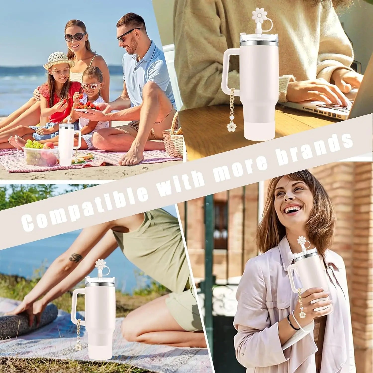 Cup Accessories for Stanley Cup Set of 9 Straw and Brush and 1 Flower Charm Chain 3 Spill Proof Stopper Flowers Straw Cover Boot Quick Pick Grocers