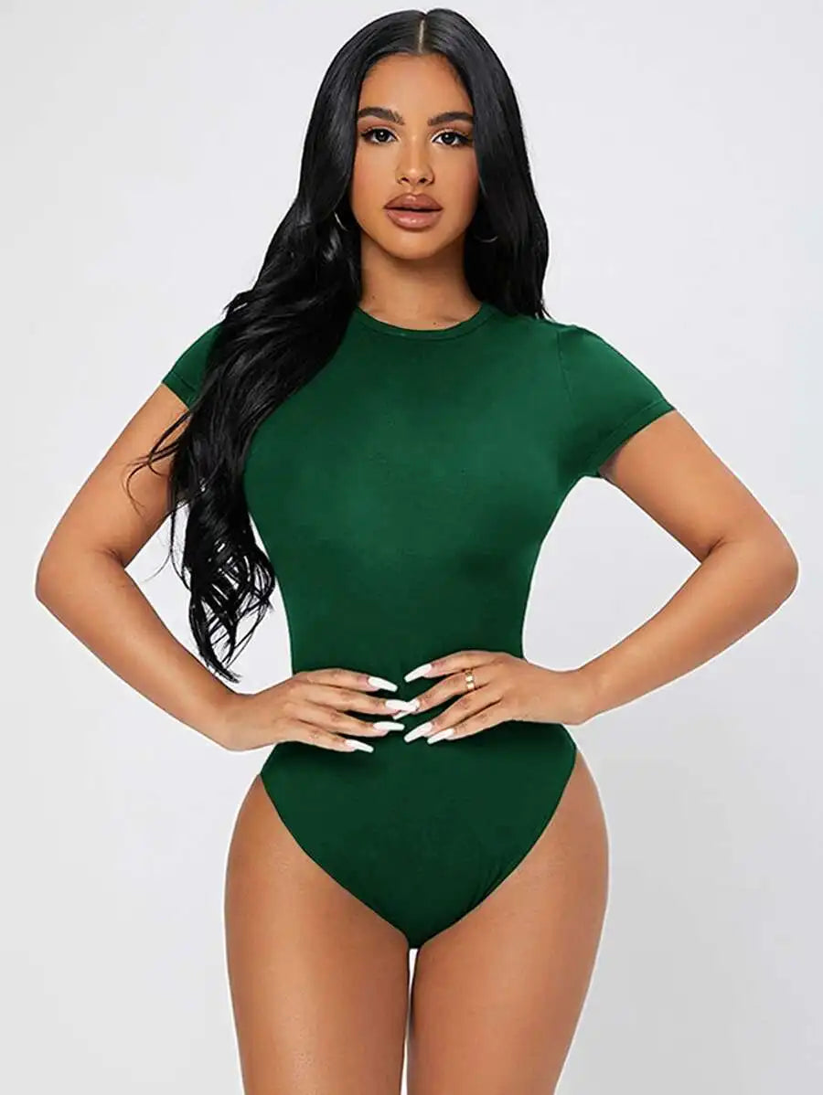 Petite Solid Slim Fit Short Sleeve Bodycon Bodysuit for Women Quick Pick Grocers