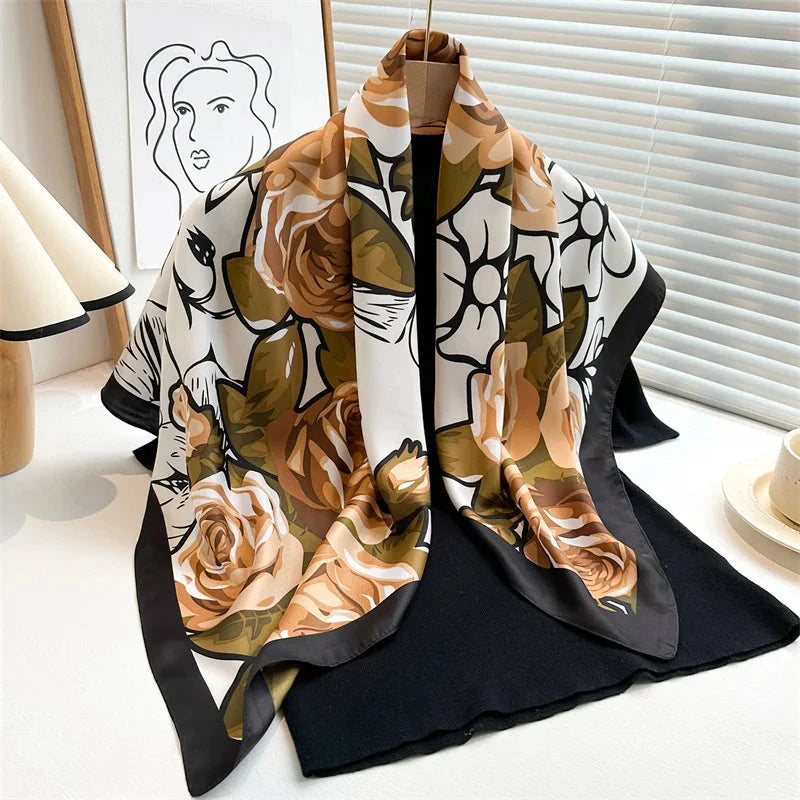90*90Cm Square Scarf Twill Silk Feeling Women Head Shawls and Wraps Luxury Hair Tree Print Neck Scarves Hijab Bandana Pashmina Econic Blanks