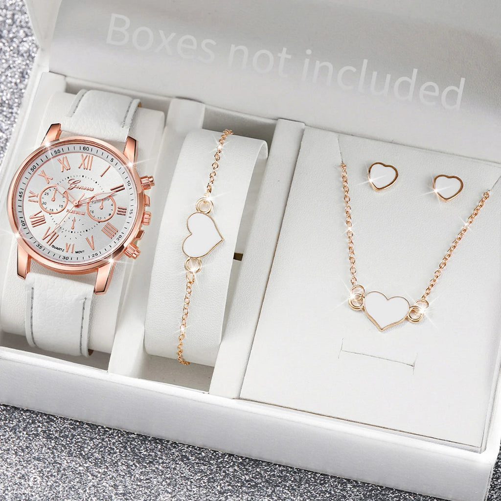5/6PCS Fashion Women's Quartz Watch Leather Band Analog Wrist Watches Heart Rhinestone Jewelry Set(Without Box) Quick Pick Grocers