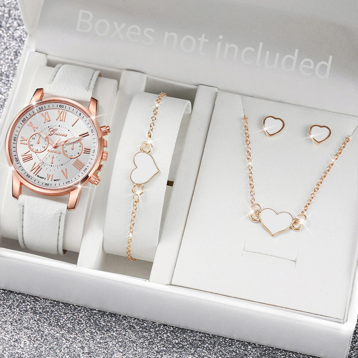 5/6PCS Fashion Women's Quartz Watch Leather Band Analog Wrist Watches Heart Rhinestone Jewelry Set(Without Box) Quick Pick Grocers