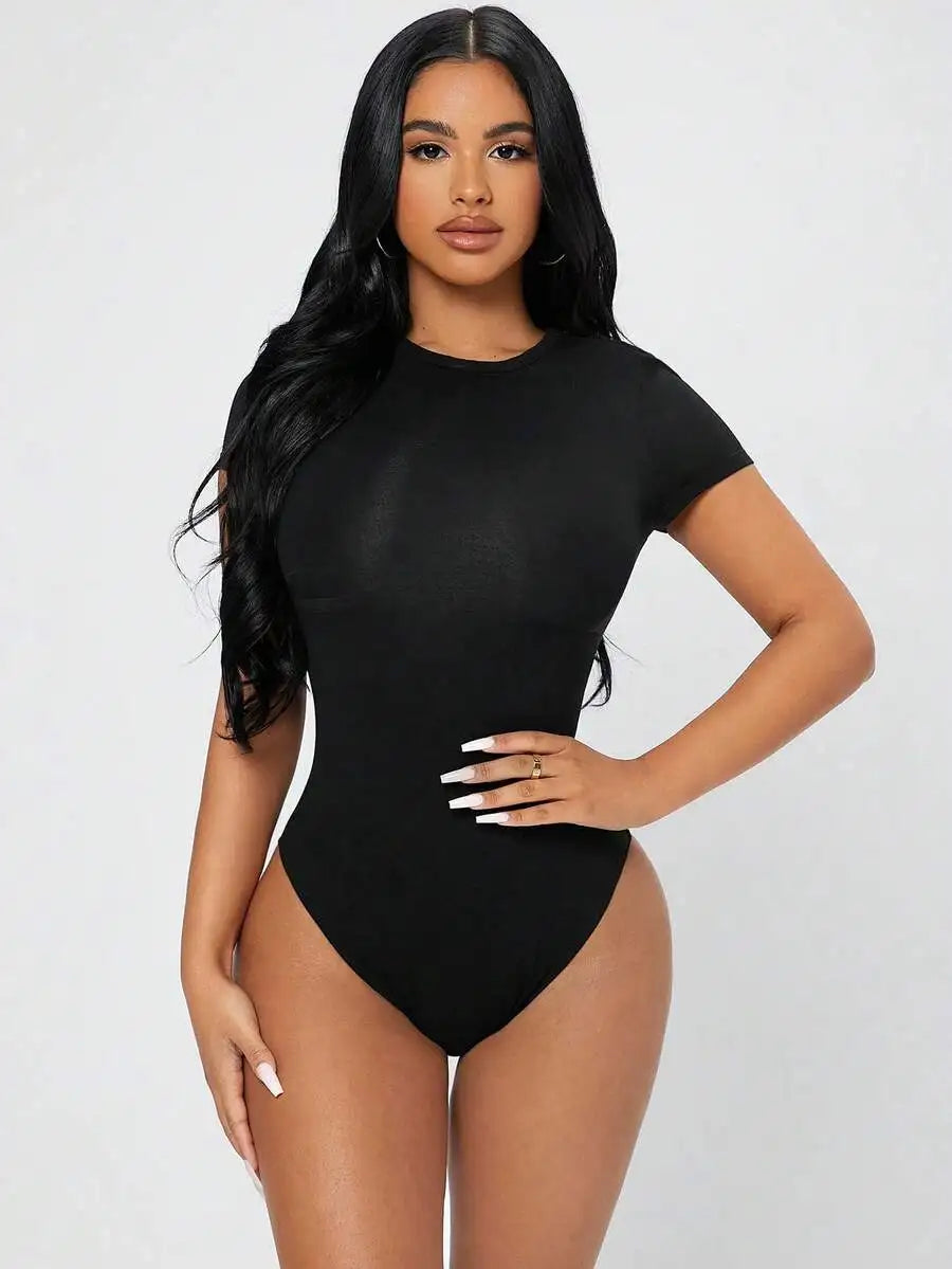Petite Solid Slim Fit Short Sleeve Bodycon Bodysuit for Women Quick Pick Grocers