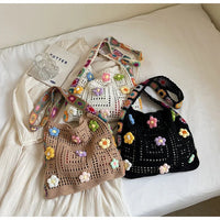 Women's Boho Crochet Bag Designer Flowers Knitted Handbags Large Capacity Summer Beach Woven Shoulder Bag Girls Tote Shopper Bag Quick Pick Grocers