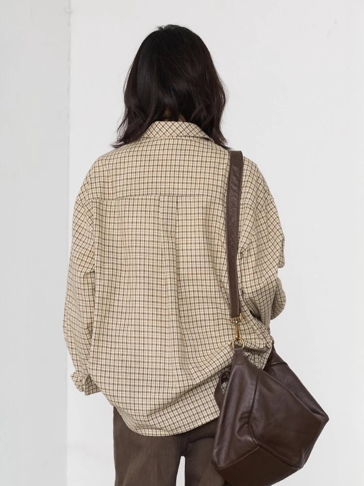 CHIC VEN Women Shirt Loose Casual Single-breasted New Retro Contrast Plaid Embroidered Blouses Female Top Autumn Winter 2025 Quick Pick Grocers