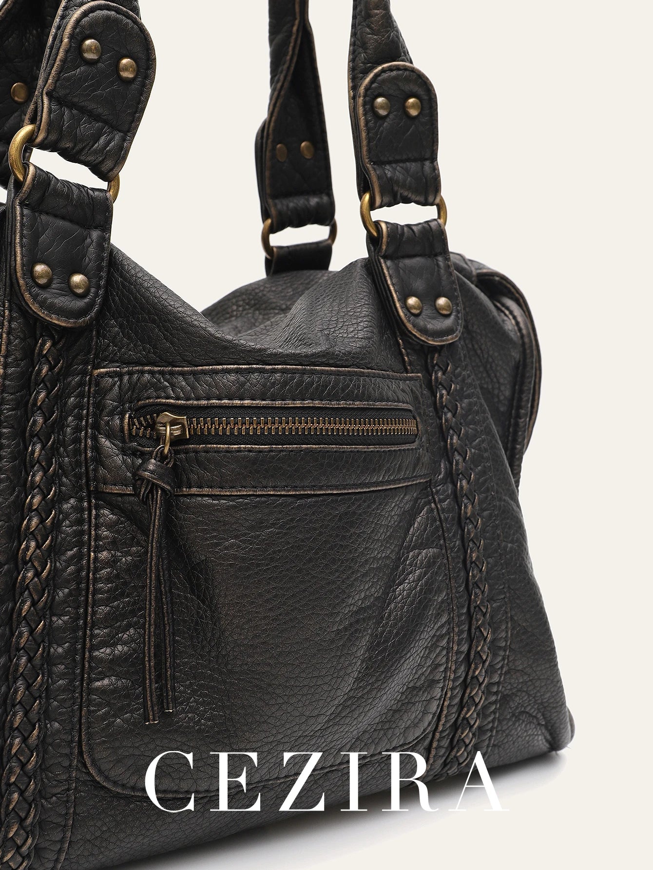 Vintage Washed PU Leather Large Capacity Tote Zip Pockets Braid Decor Shoulder Cross body Bag Unisex Women Daily Travel Handbag Quick Pick Grocers