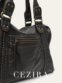 Vintage Washed PU Leather Large Capacity Tote Zip Pockets Braid Decor Shoulder Cross body Bag Unisex Women Daily Travel Handbag Quick Pick Grocers