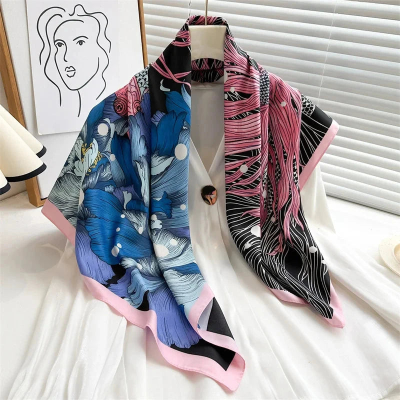 90*90Cm Square Scarf Twill Silk Feeling Women Head Shawls and Wraps Luxury Hair Tree Print Neck Scarves Hijab Bandana Pashmina Econic Blanks