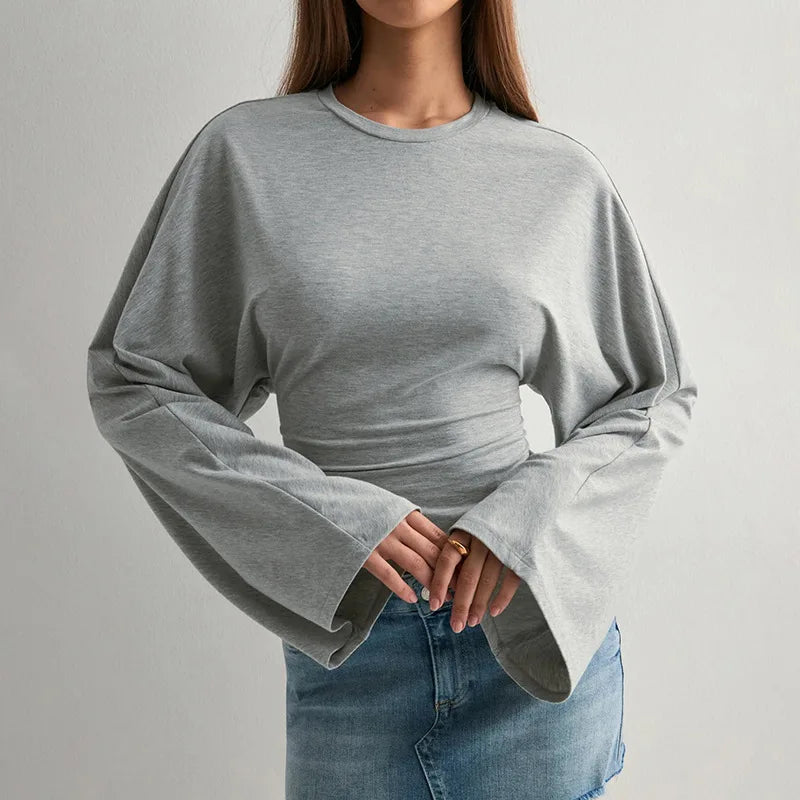 Women's Long Sleeve O-Neck Skinny T-Shirt Monochromatic Crop Top Casual Y2K Streetwear Fashion Pullover Summer Outfit Quick Pick Grocers