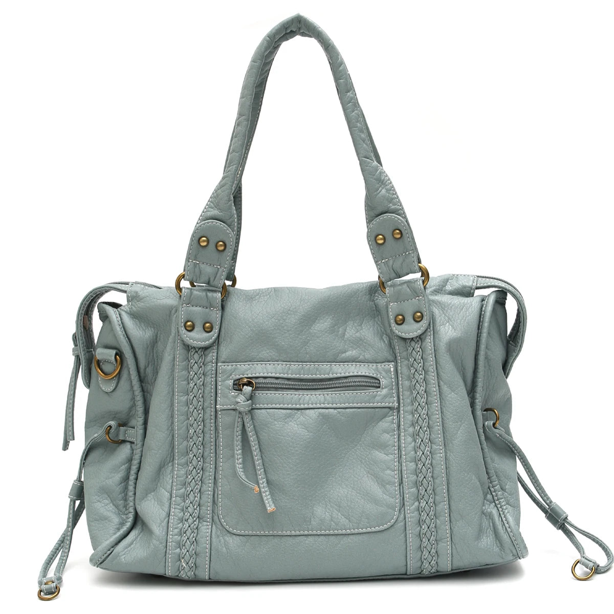 Vintage Washed PU Leather Large Capacity Tote Zip Pockets Braid Decor Shoulder Cross body Bag Unisex Women Daily Travel Handbag Quick Pick Grocers
