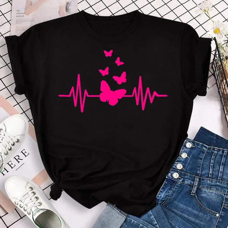 New Fashion Women T-shirt Colorful Butterfly Petal Print Short Sleeve and Round Neck Cute Graphic Tee Shirts Female Tops Clothin Quick Pick Grocers