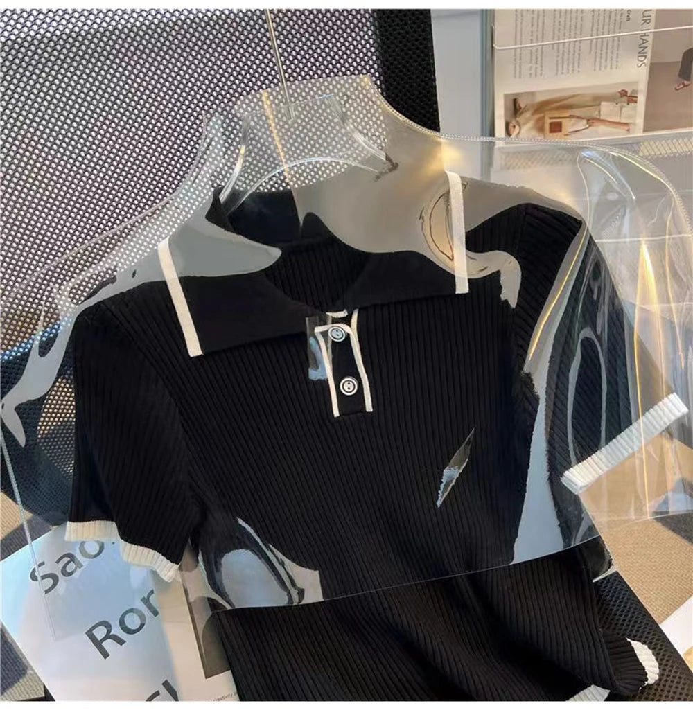 Ice silk knitted short sleeved T-shirt for women's summer 2024 new fashionable and stylish polo shirt top Quick Pick Grocers