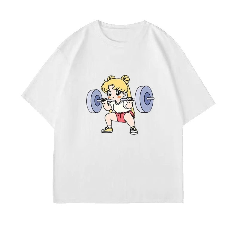 Sailor Moon Lifting Iron Fitness Women's T-Shirt Cotton Girl Children Parent-Child Summer Loose Cute Sweet Fun Short Sleeves Top Quick Pick Grocers
