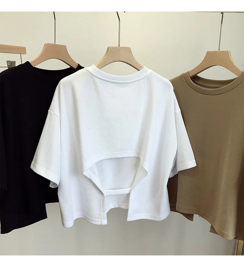 Summer New Ladies Casual Backless T-Shirt 2023 Korean Women Round Neck Loose Sweet Spicy Wind Short-Sleeved Crop Tops Quick Pick Grocers