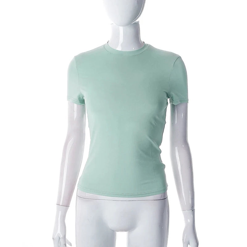 2024 Spring New Short Sleeve T-Shirt Women Solid Simple Casual Soft All-Match Hot Basic Crop Tops Tees Summer Fashion Quick Pick Grocers