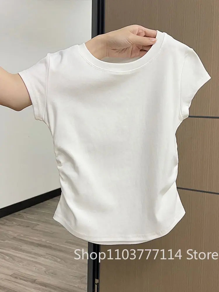Women Summer Short Sleeved Top for Fashion Versatile Base Shirt Slim Fit Round Neck T-shirt Casual and Sexy Breathable and Cool Quick Pick Grocers