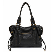 Vintage Washed PU Leather Large Capacity Tote Zip Pockets Braid Decor Shoulder Cross body Bag Unisex Women Daily Travel Handbag Quick Pick Grocers